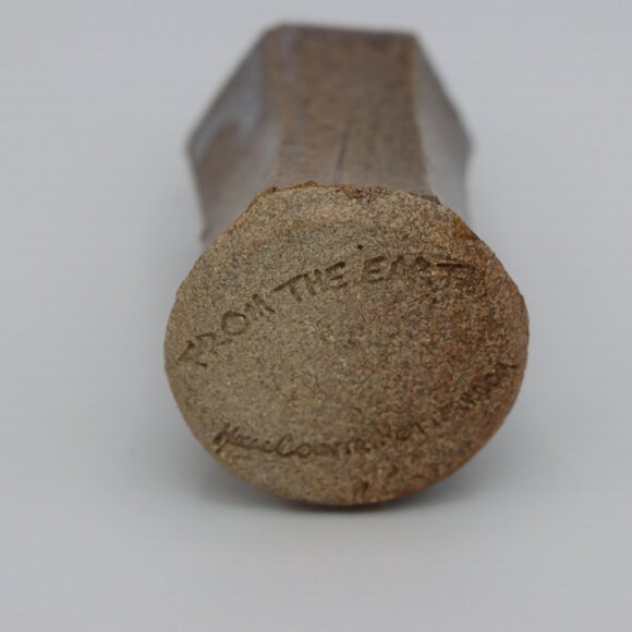 Single taper candle holder, brown grey handmade pottery mini single candlestand - Picture 3 of 4